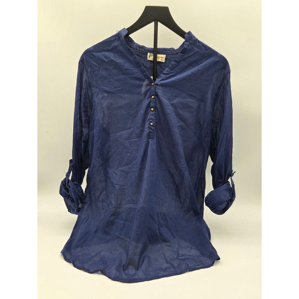 Magazine Women's XL Navy Blue Cotton Roll Tab Sleeve Tunic Top NWT
